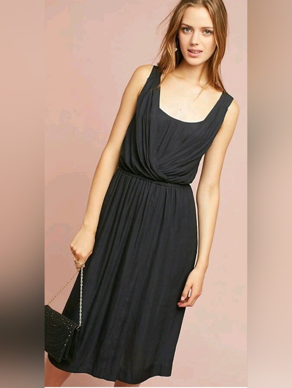 Anthropologie NWT Maeve Sloan Black Midi Dress Pockets Grecian Faux-Wrap Small